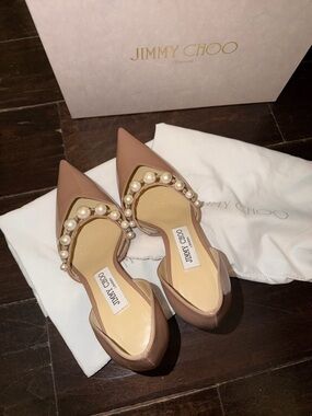 Jimmy Choo Nude/Taupe Pearl-Embellished Pointed-Toe Flats